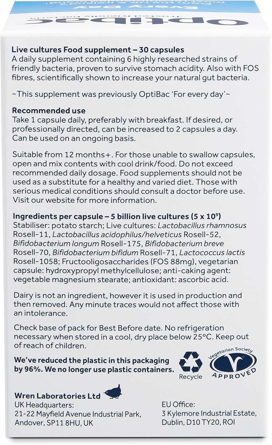 OptiBac box showing daily probiotics capsules UAE 30 capsules live cultures food supplement label