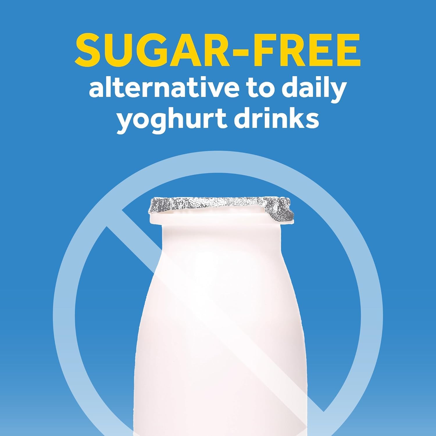 OptiBac sugar free alternative to daily yogurt drinks showing crossed out yogurt bottle daily probiotics capsules UAE
