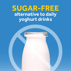 OptiBac sugar free alternative to daily yogurt drinks showing crossed out yogurt bottle daily probiotics capsules UAE
