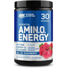 Amino Energy supplement tub with blue raspberry flavor label, 30 servings