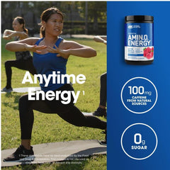 Optimum Nutrition Amino Energy Blue Raspberry supplement container with active woman exercising outdoors for anytime energy