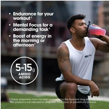 Blue amino energy supplement tub showing 5–15 g amino acids claim