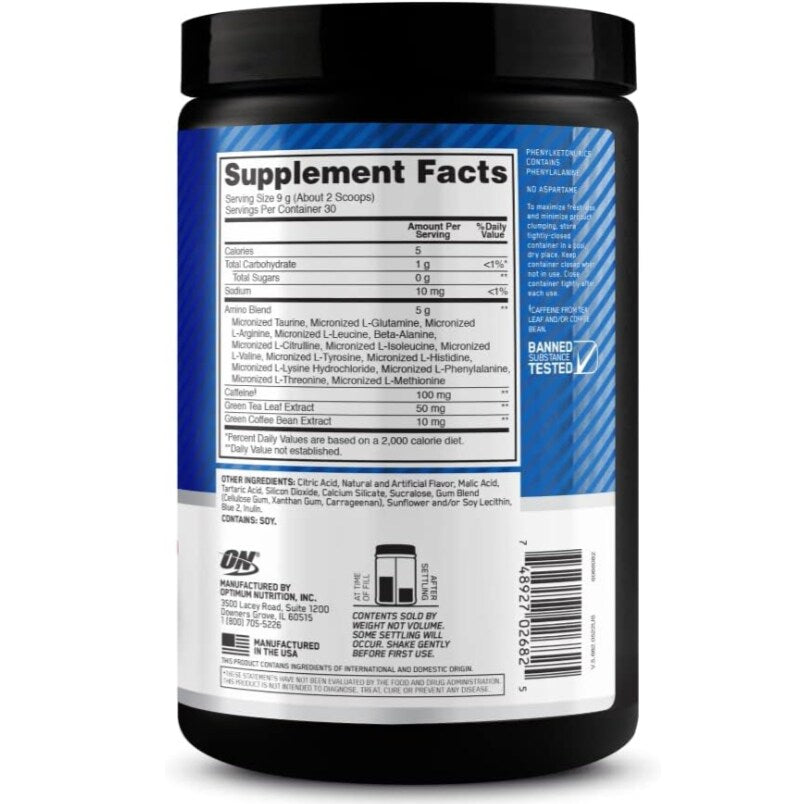 Optimum Nutrition Amino Energy Blue Raspberry supplement facts label showing nutrition details and ingredients