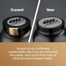 Protein tub lids side by side, current vs new, with sustainability note