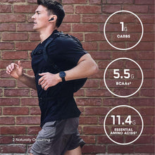 Runner in black shirt with callouts: 1g carbs, 5.5g BCAAs, 11.4g amino acids