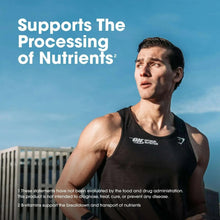 Opti-Men processing of nutrients support promotional graphic with man in black tank