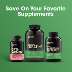 Optimum Nutrition men's daily multivitamin supplement promotional image showing three supplement bottles on green background