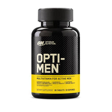 Black Opti-Men multivitamin supplement bottle with ribbed cap and yellow front label