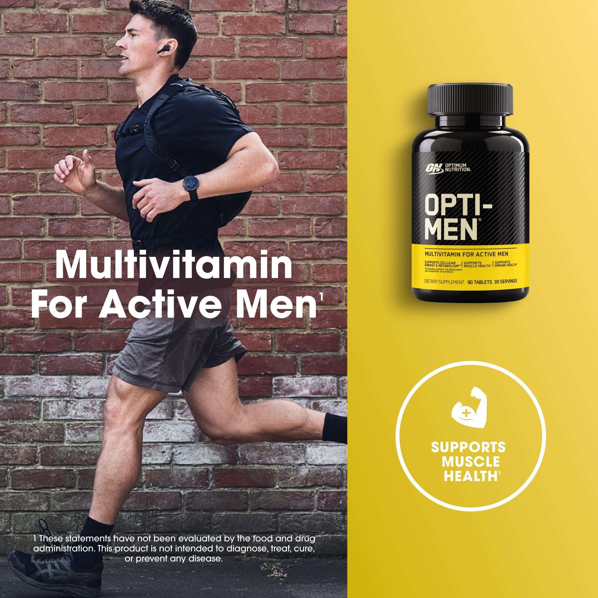 Optimum Nutrition Opti Men bottle next to a male runner promoting men's daily multivitamin supplement