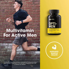 Optimum Nutrition Opti Men bottle next to a male runner promoting men's daily multivitamin supplement