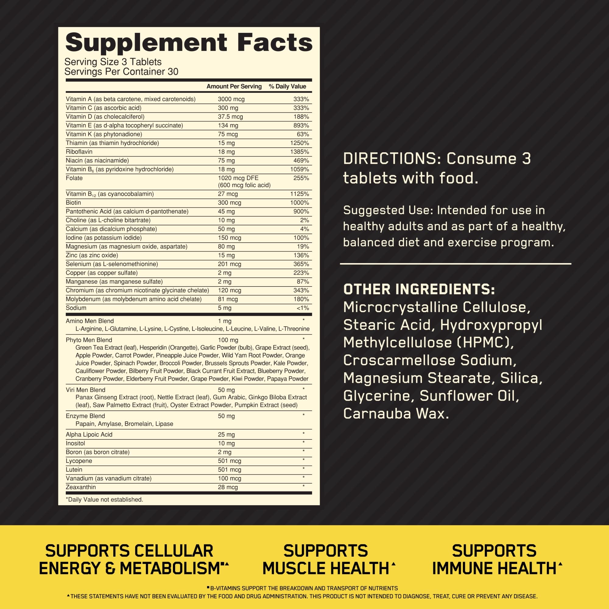 Optimum Nutrition men's daily multivitamin supplement label showing Supplement Facts directions and ingredients list