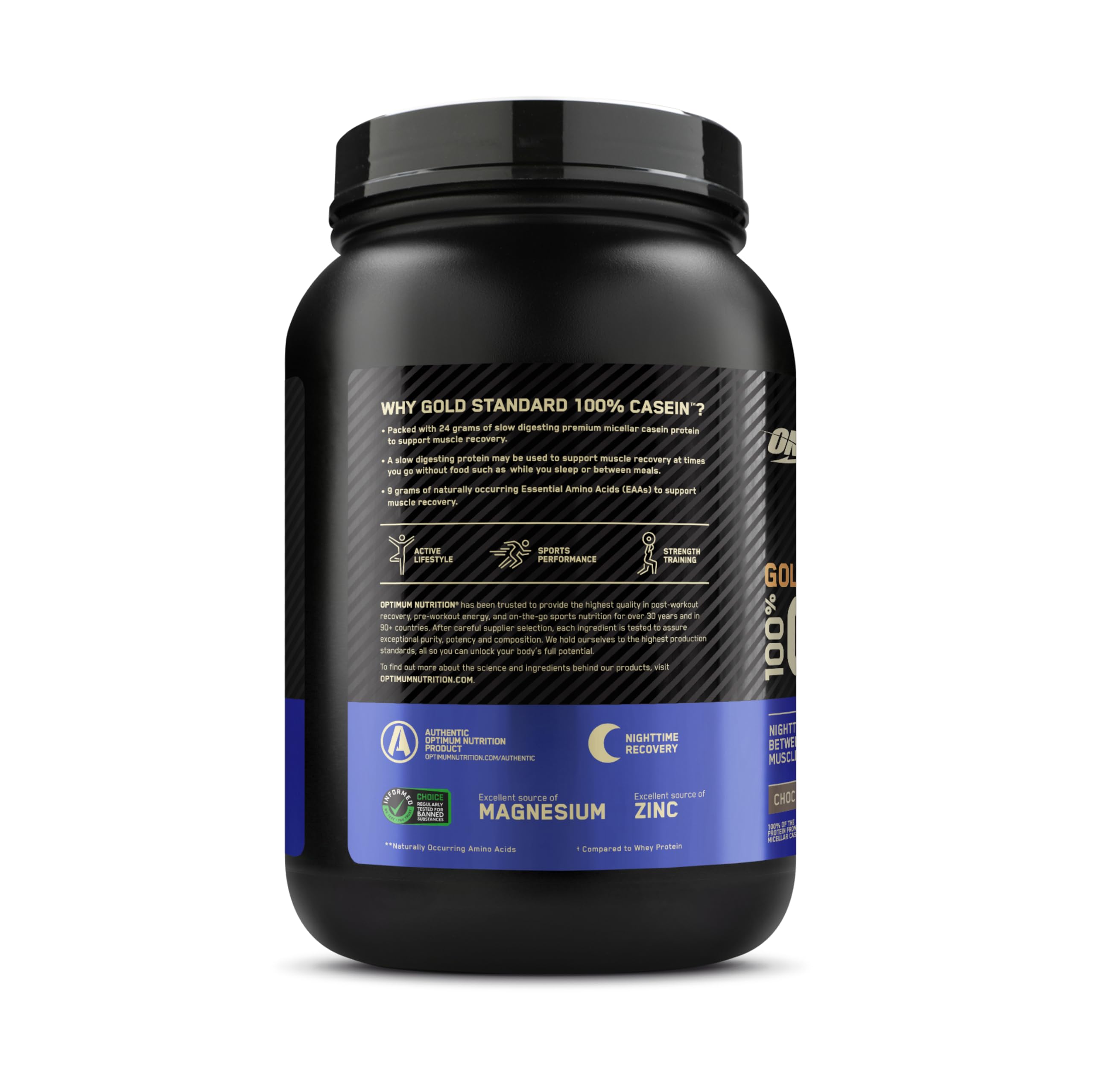 Optimum Nutrition Gold Standard 100 percent Casein black tub showing back label for micellar casein protein powder
