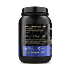 Optimum Nutrition Gold Standard 100 percent Casein black tub showing back label for micellar casein protein powder