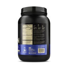 Optimum Nutrition black tub showing back label and nutrition facts for micellar casein protein powder with barcode