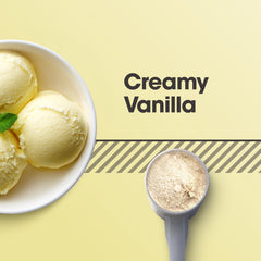Optimum Nutrition micellar casein protein powder creamy vanilla scoop next to bowl of vanilla ice cream