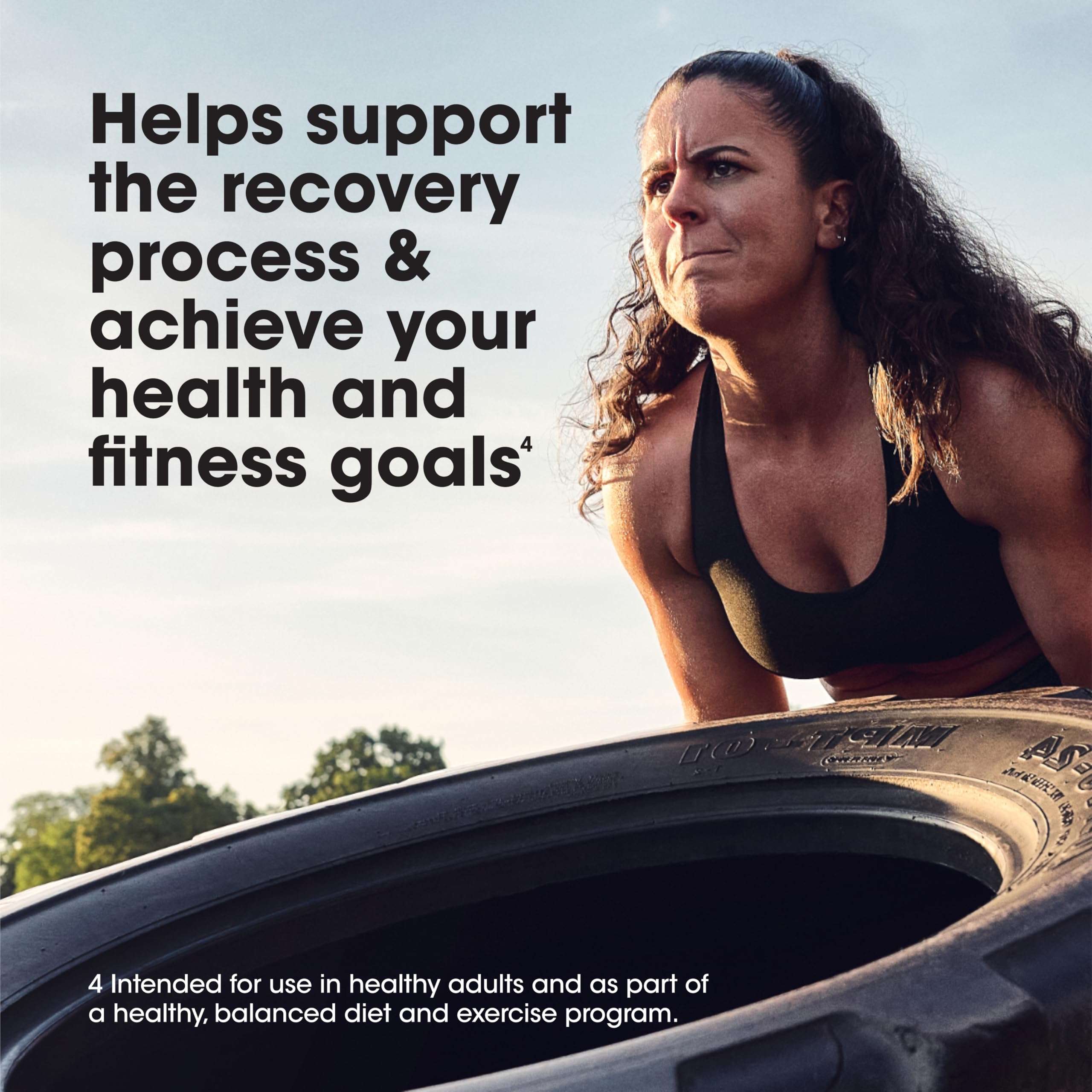 Optimum Nutrition micellar casein protein powder promotional image with woman flipping tire outdoors fitness recovery message