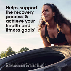 Optimum Nutrition micellar casein protein powder promotional image with woman flipping tire outdoors fitness recovery message