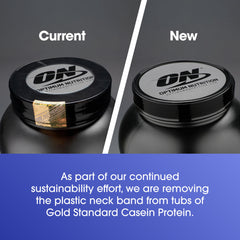 Optimum Nutrition lid comparison showing removal of plastic band on Gold Standard tubs for micellar casein protein powder