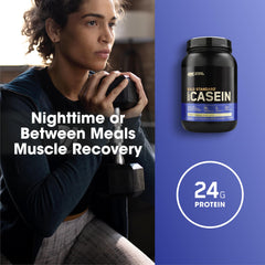 Optimum Nutrition Gold Standard micellar casein protein powder jar beside woman holding dumbbell for recovery