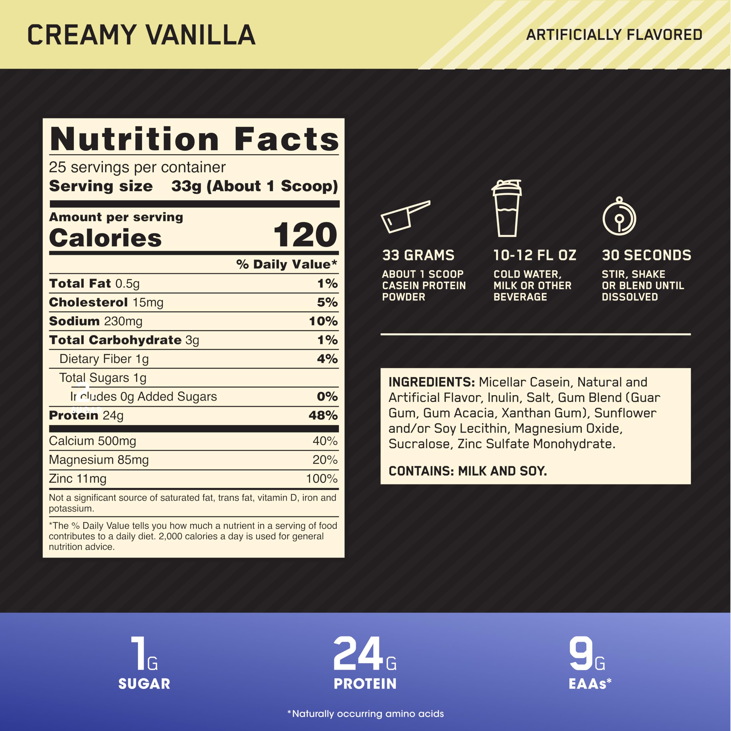 Optimum Nutrition micellar casein protein powder Creamy Vanilla nutrition facts label and usage directions