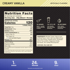 Optimum Nutrition micellar casein protein powder Creamy Vanilla nutrition facts label and usage directions