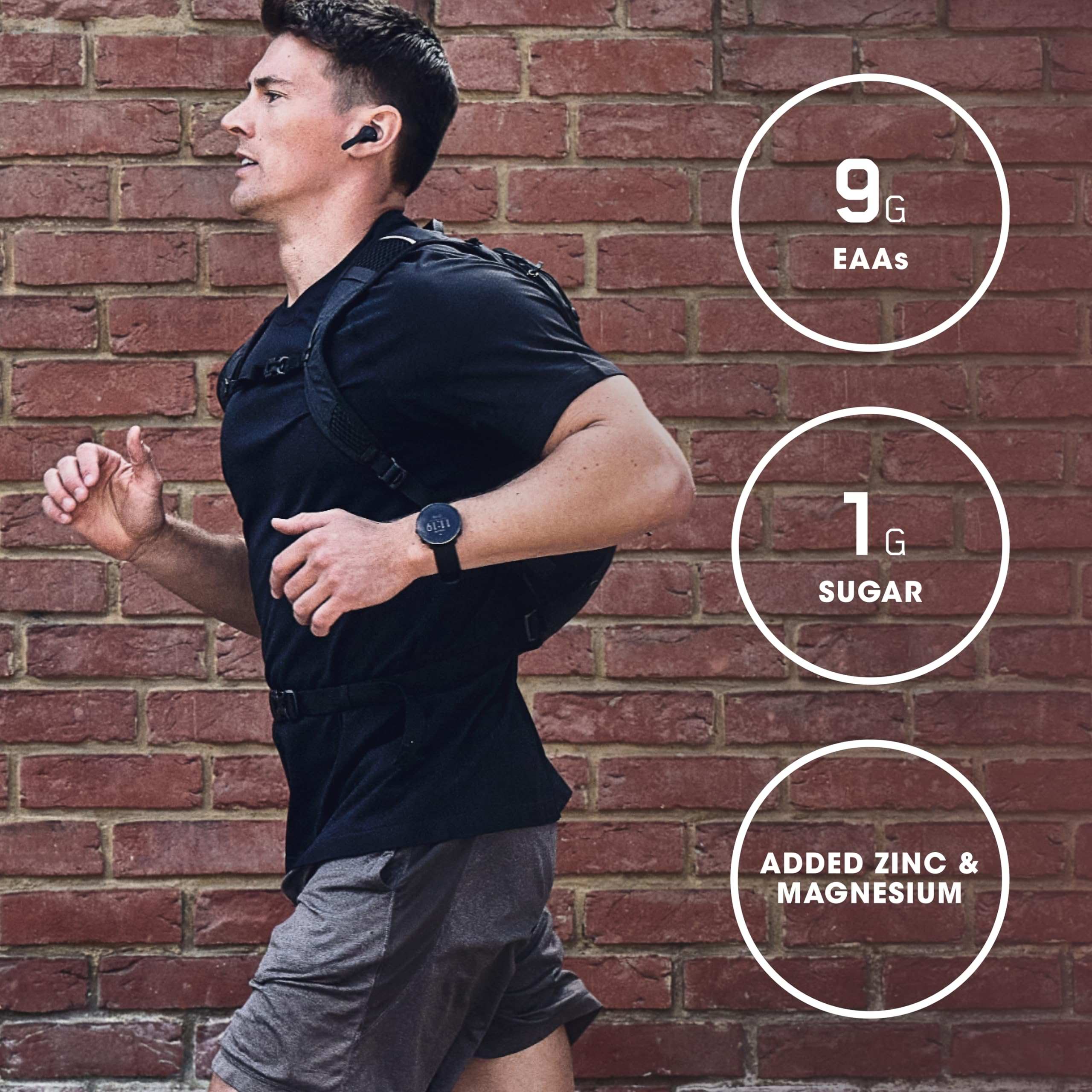 Optimum Nutrition micellar casein protein powder lifestyle shot of male runner with earbuds and nutrition callouts 9g EAAs