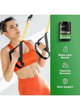 Micronized creatine powder bottle with green label and black cap