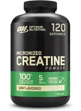 Micronized creatine monohydrate powder bottle, black with green label, 120 servings