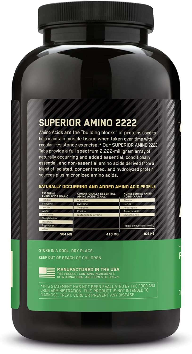 Black bottle of Optimum Nutrition Amino 2222 tablets. Shows Superior Amino 2222 label and supplement facts