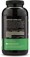 Black bottle of Optimum Nutrition Amino 2222 tablets. Shows Superior Amino 2222 label and supplement facts