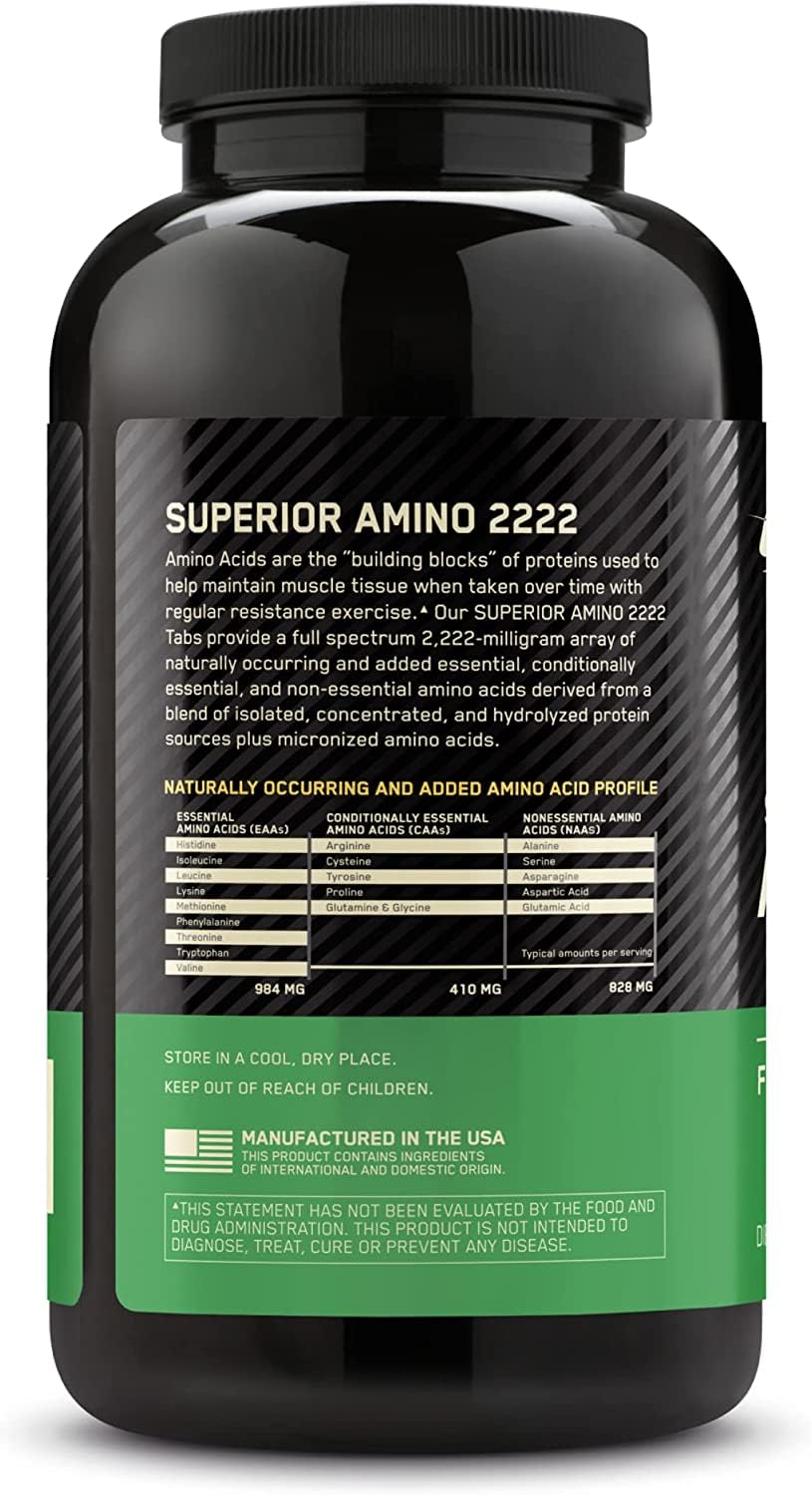 Black bottle of Optimum Nutrition Amino 2222 tablets. Shows Superior Amino 2222 label and supplement facts