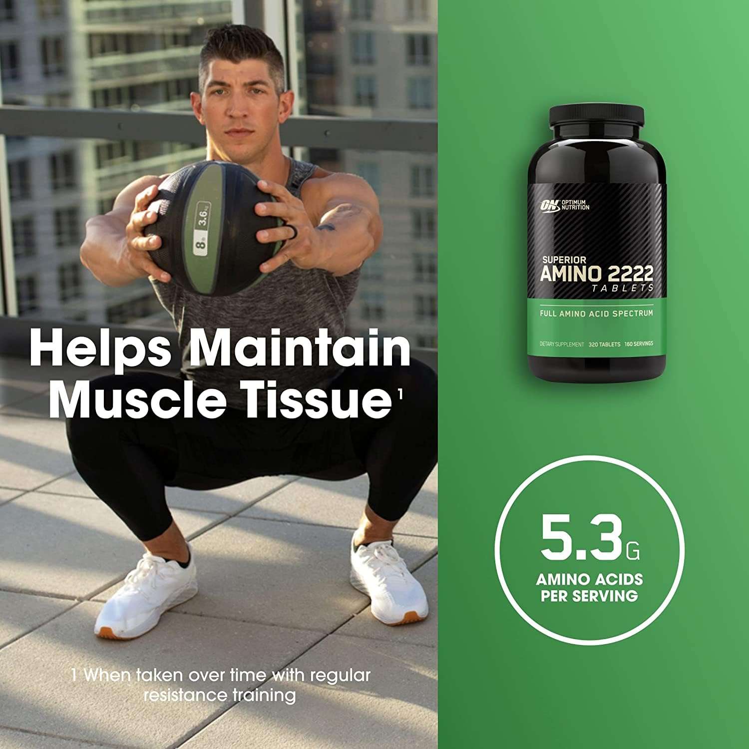 Optimum Nutrition Amino 2222 tablets bottle next to athlete holding medicine ball with muscle maintenance claim