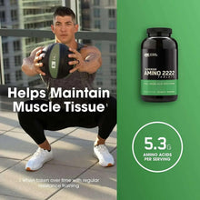 Athlete holding Optimum Nutrition amino acid tablets bottle; 5.3 g amino acids per serving