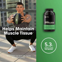Optimum Nutrition Amino 2222 tablets bottle next to athlete holding medicine ball with muscle maintenance claim
