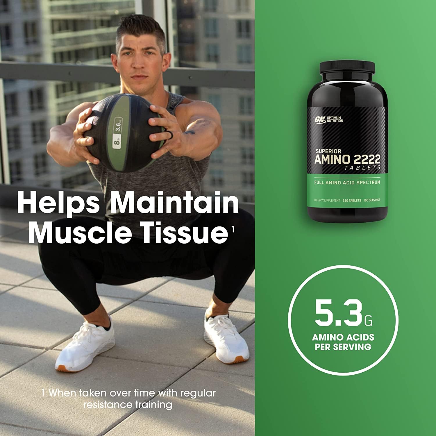 Optimum Nutrition Amino 2222 tablets bottle next to athlete holding medicine ball with muscle maintenance claim