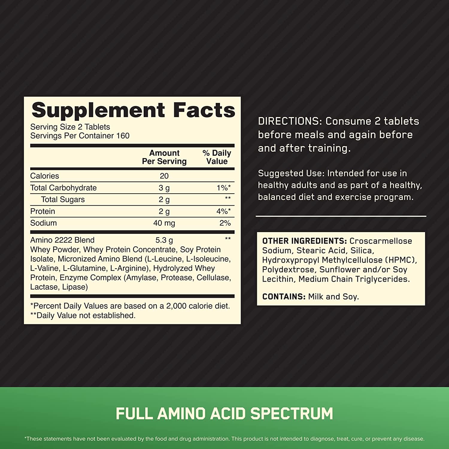Optimum Nutrition Amino 2222 tablets supplement facts label showing amino acid blend directions and ingredients