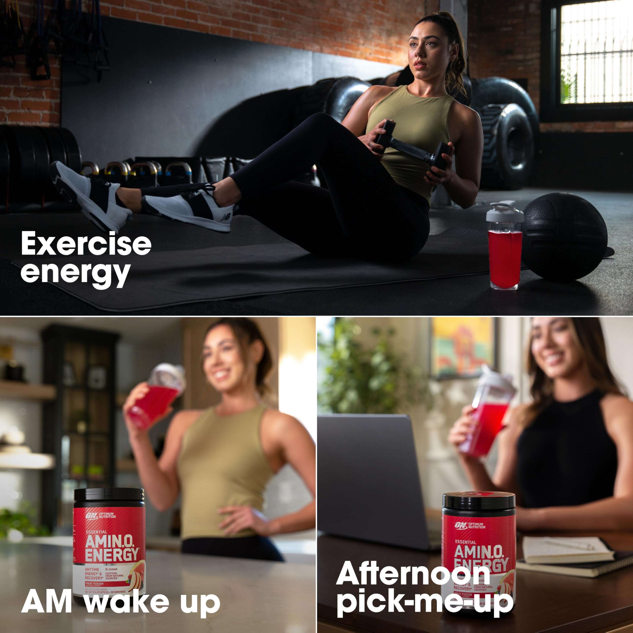 Optimum Nutrition amino acids supplement tub and red drink with shaker shown during workout morning and afternoon energy