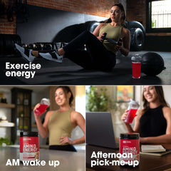 Optimum Nutrition amino acids supplement tub and red drink with shaker shown during workout morning and afternoon energy