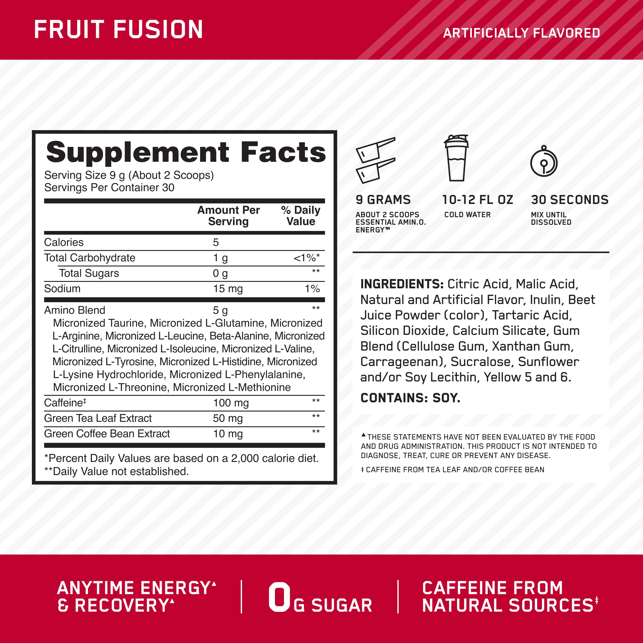 Optimum Nutrition amino acids supplement Fruit Fusion label showing Supplement Facts ingredients and mixing directions