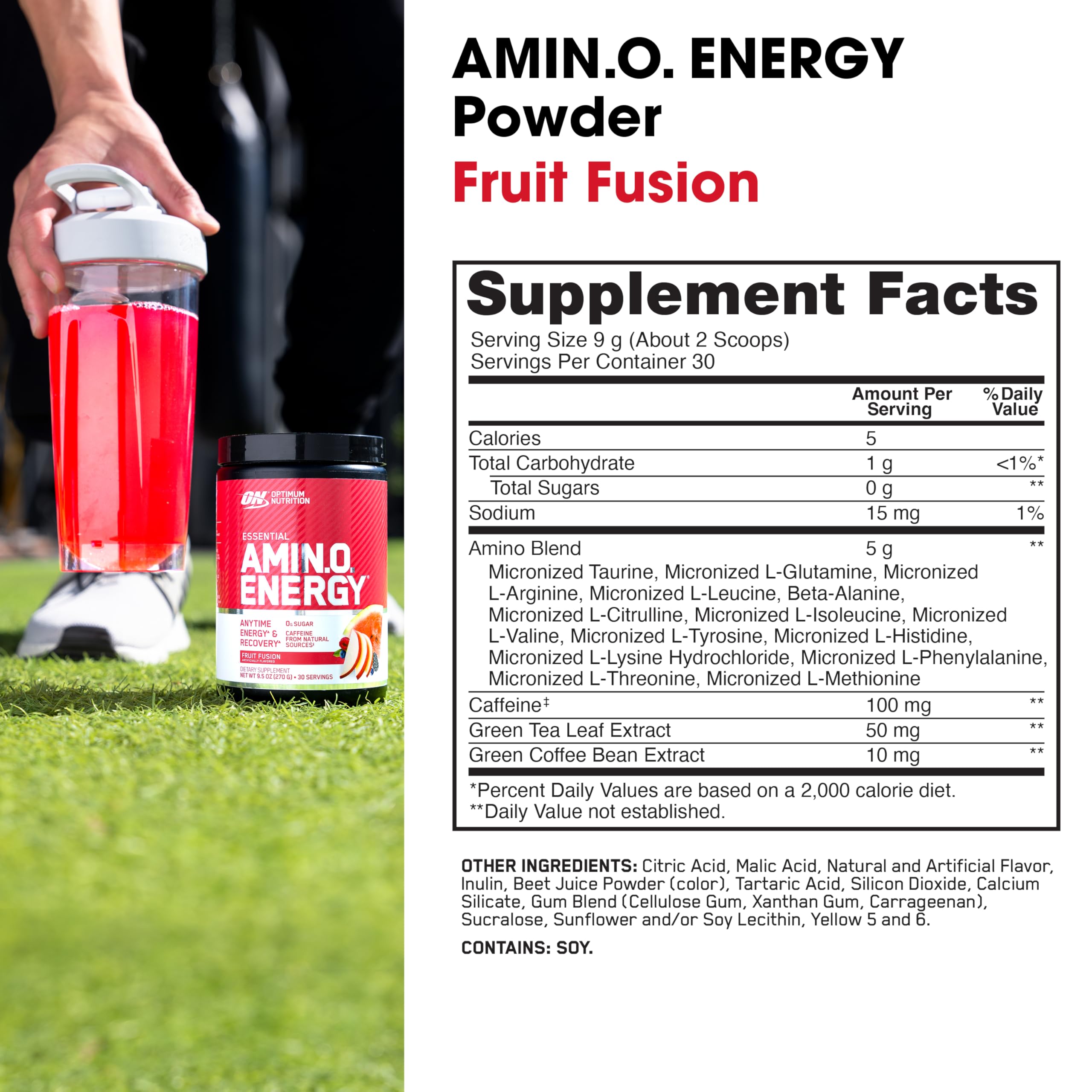 Optimum Nutrition amino acids supplement AMINO ENERGY Fruit Fusion tub with red shaker bottle and supplement facts label