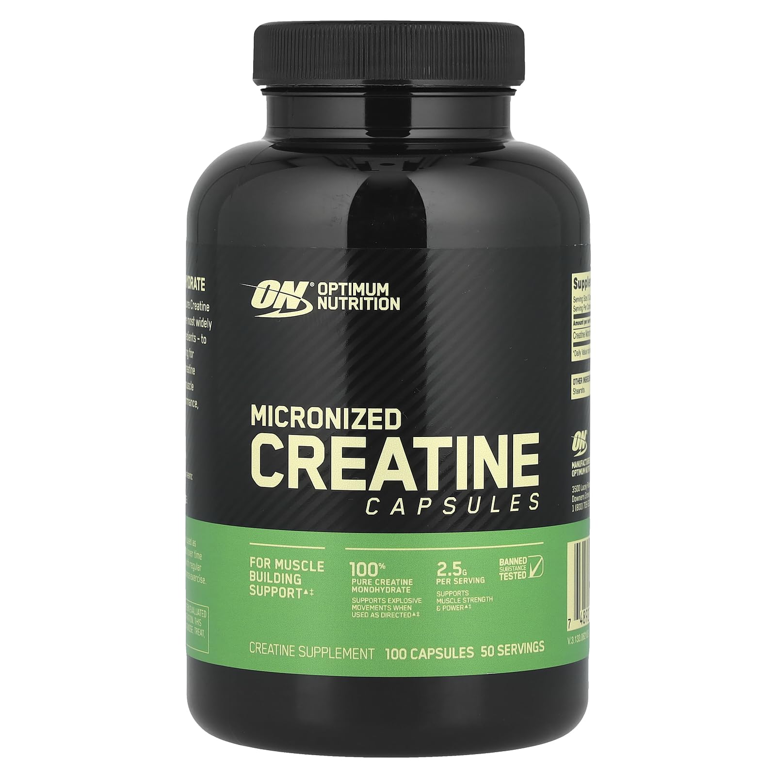 Optimum Nutrition Creatine capsules black bottle with green label micronized creatine 100 capsules