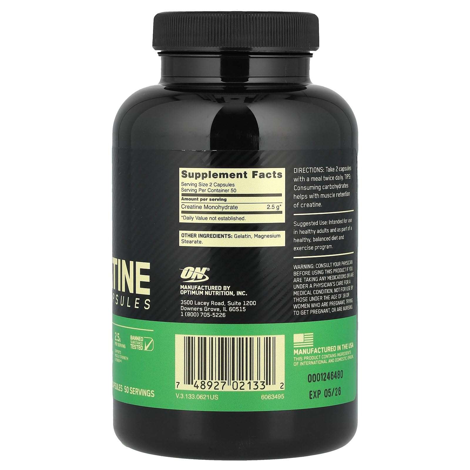 Back of black bottle showing Optimum Nutrition Creatine capsules supplement facts label barcode and directions