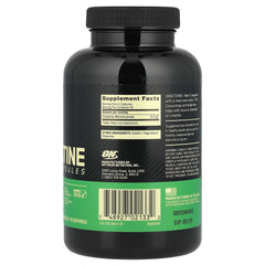 Back of black bottle showing Optimum Nutrition Creatine capsules supplement facts label barcode and directions