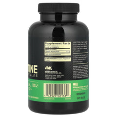 Back of black bottle showing Optimum Nutrition Creatine capsules supplement facts label barcode and directions