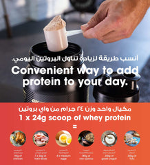 Optimum Nutrition Gold Standard whey protein scoop over open black tub with shaker and nutrition icons