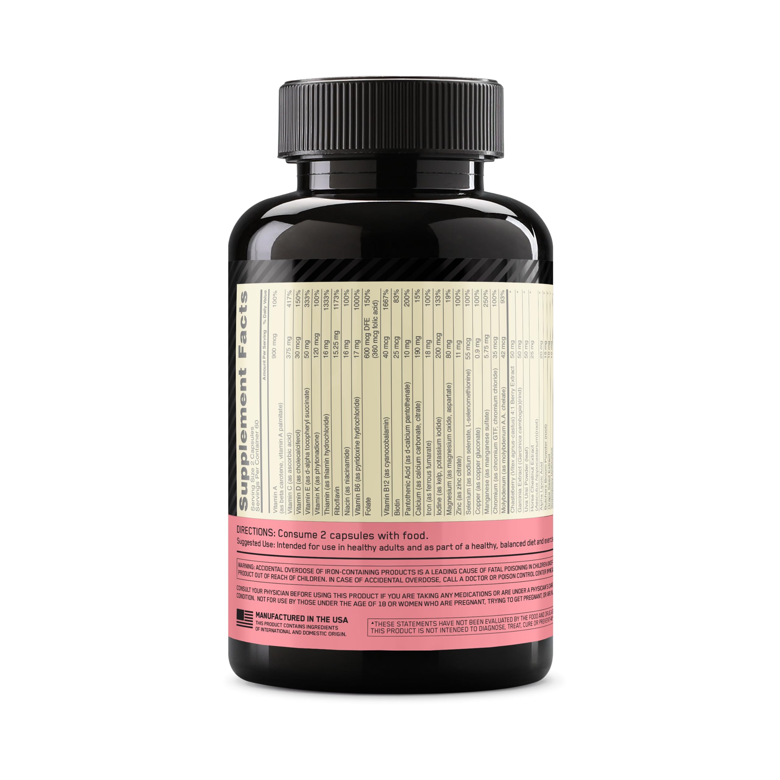 Optimum Nutrition Optimultivitamin for women. Bottle showing supplement facts label and directions