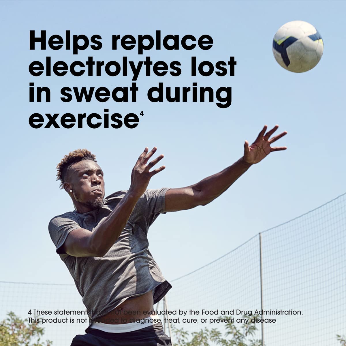 Optimum Nutrition pre workout banner showing athlete leaping for soccer ball and electrolyte claim