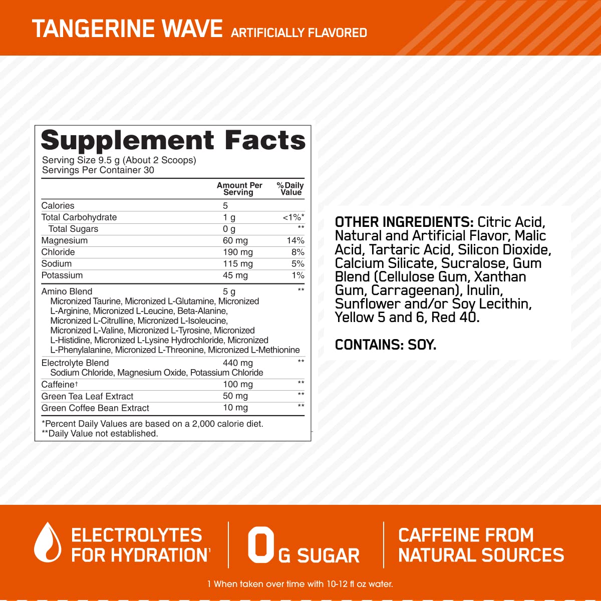 Optimum Nutrition pre workout Tangerine Wave supplement facts label showing electrolytes and 0g sugar