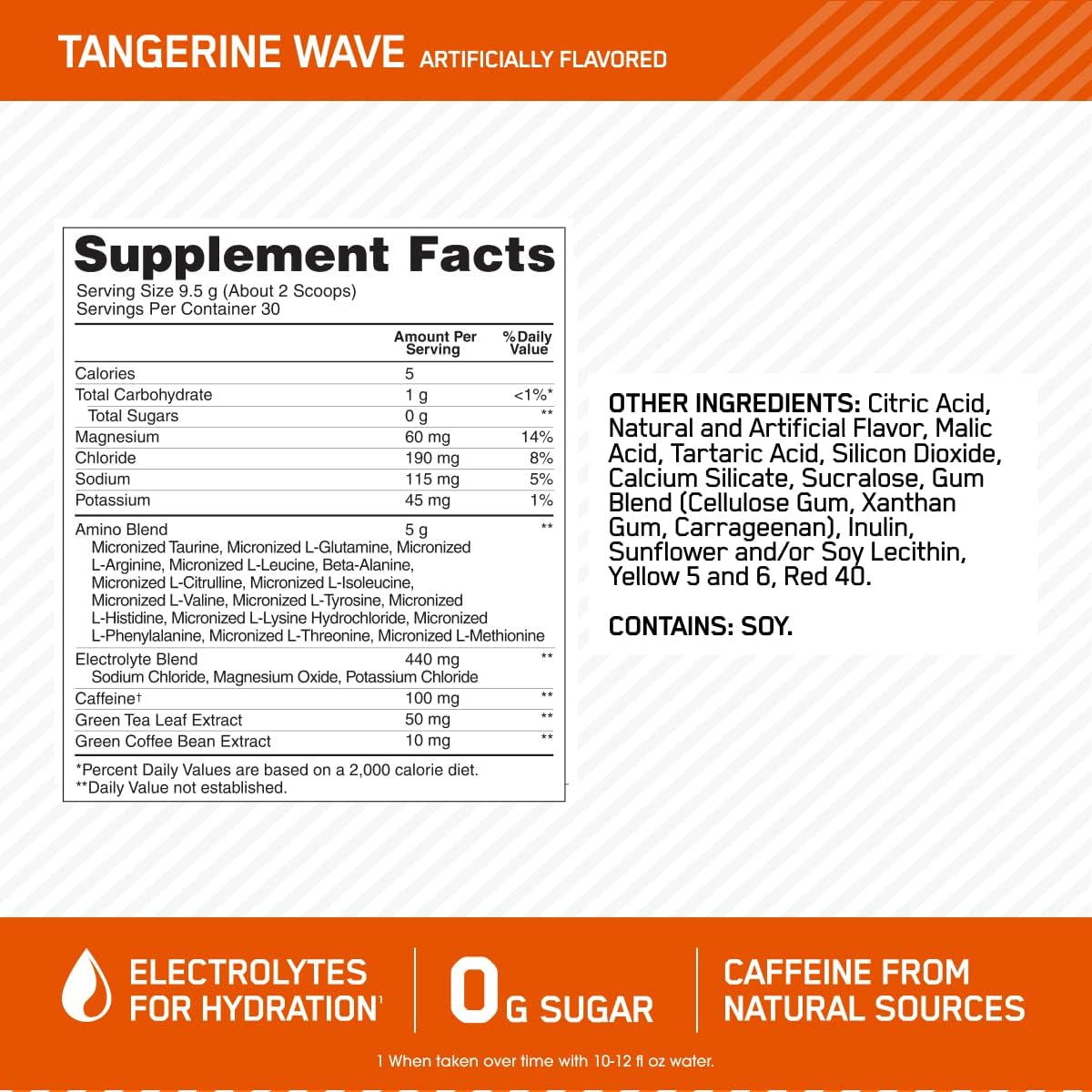 Optimum Nutrition pre workout supplement facts label Tangerine Wave flavor showing electrolytes 0g sugar caffeine