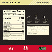 Optimum Nutrition whey protein supplement Nutrition Facts label, vanilla ice cream flavor